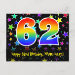 [ Thumbnail: 62nd Birthday: Fun Stars Pattern, Rainbow 62, Name Postcard ]