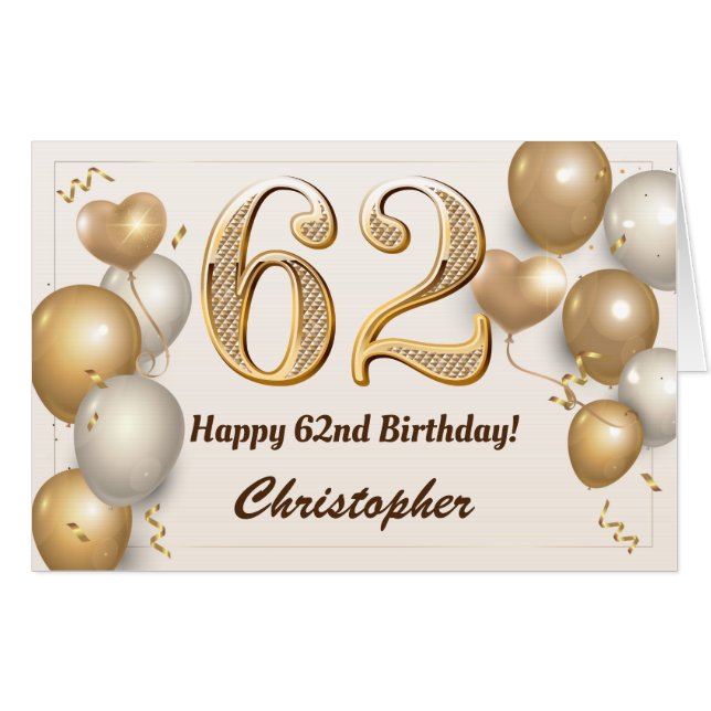 62nd Birthday Gold Balloons Confetti Extra Large Card (Front Horizontal)