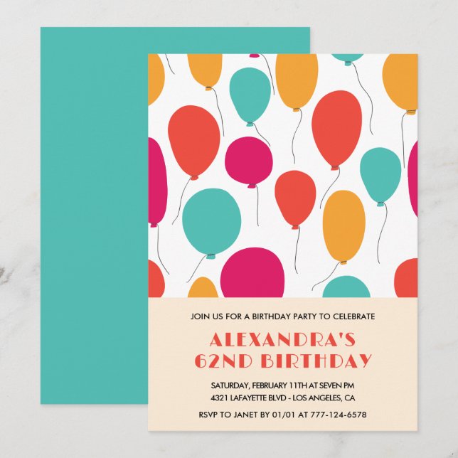 62nd birthday invitations Balloons Colorful (Front/Back)