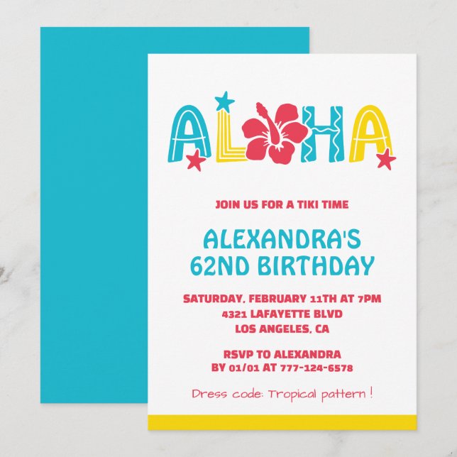 62nd birthday invitations Tropical Aloha Hawaiian (Front/Back)