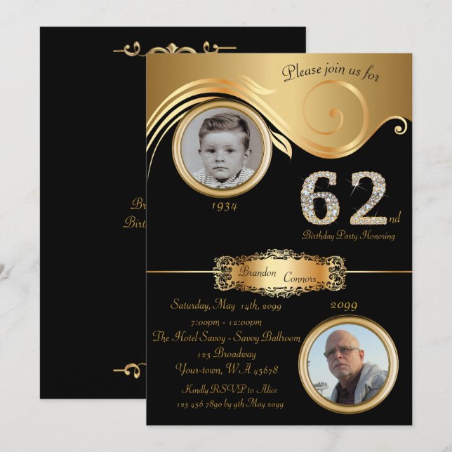 62nd,Birthday Man 62nd,elegant art deco,black gold Invitation (Front/Back)