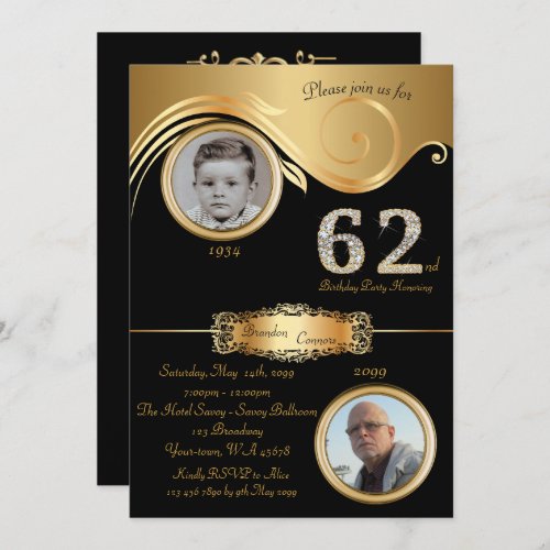 62ndBirthday Man 62ndelegant art decoblack gold Invitation