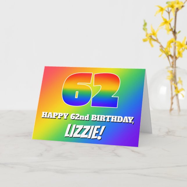 62nd Birthday: Multicolored Rainbow Pattern # 62 Card (Yellow Flower)
