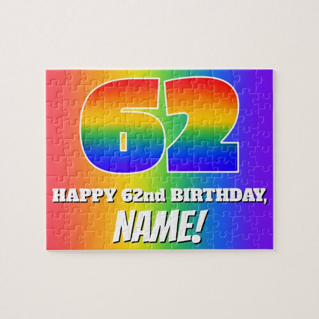 62nd Birthday — Multicolored Rainbow Pattern “62” Jigsaw Puzzle (Horizontal)