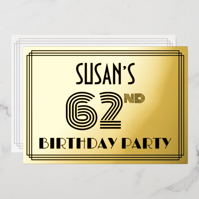 62nd Birthday Party — Art Deco Style “62” & Name Foil Invitation (Front/Back)