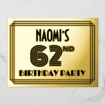 [ Thumbnail: 62nd Birthday Party ~ Art Deco Style “62” + Name Postcard ]