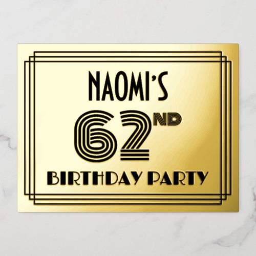 62nd Birthday Party  Art Deco Style 62  Name Foil Invitation Postcard