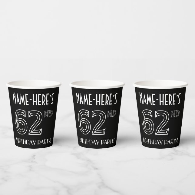 62nd Birthday Party: Art Deco Style + Custom Name Paper Cups (Multi)
