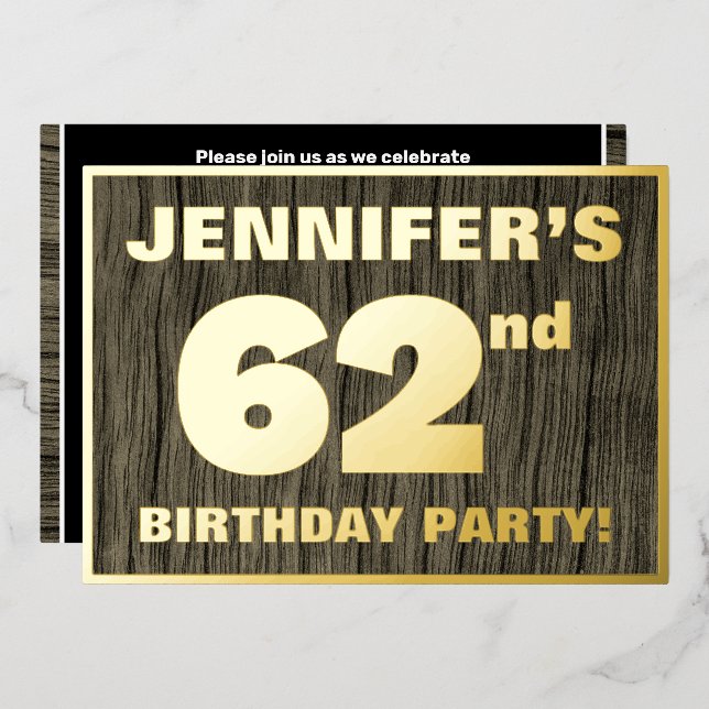 62nd Birthday Party: Bold, Faux Wood Grain Pattern Foil Invitation (Front/Back)