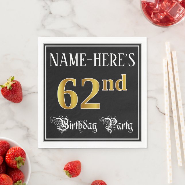 62nd Birthday Party — Fancy Script, Faux Gold Look Napkins (Insitu)