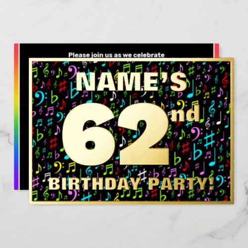 62nd Birthday Party â Fun Colorful Music Symbols Foil Invitation