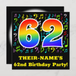 [ Thumbnail: 62nd Birthday Party: Fun Music Symbols, Rainbow 62 Invitation ]