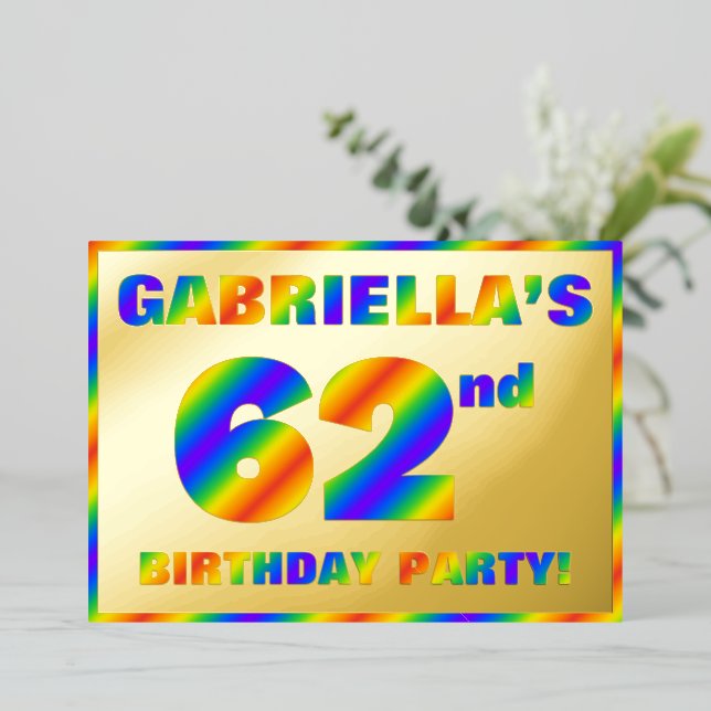 62nd Birthday Party — Fun, Rainbow Spectrum “62” Foil Invitation (Standing Front)