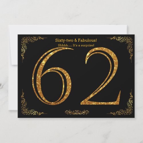 62nd Birthday partyGatsby stylblack gold glitter Invitation