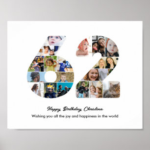 62nd Birthday Party Number 62 Photo Collage Poster