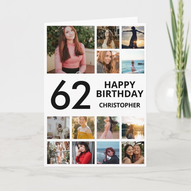 62nd Birthday Photo Collage 13 Photos Black White Card (Front)