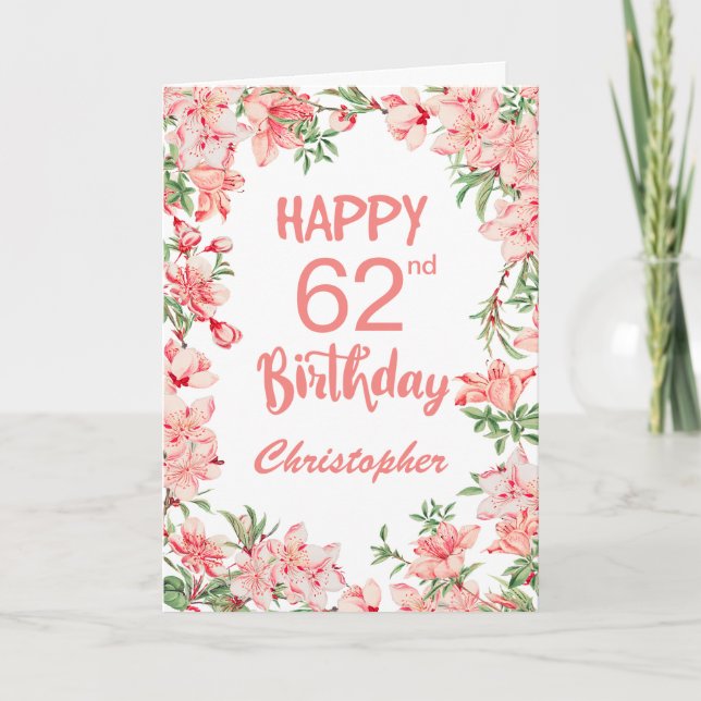 62nd Birthday Pink Peach Peonies Watercolor Floral Card (Front)