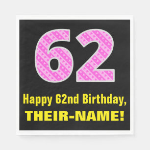 62nd Birthday: Pink Stripes and Hearts "62" + Name Napkins