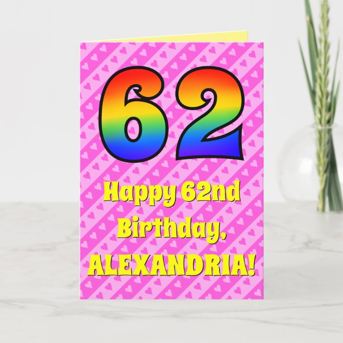 62nd Birthday Pink Stripes And Hearts Rainbow 62 Card