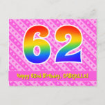 [ Thumbnail: 62nd Birthday: Pink Stripes & Hearts, Rainbow 62 Postcard ]