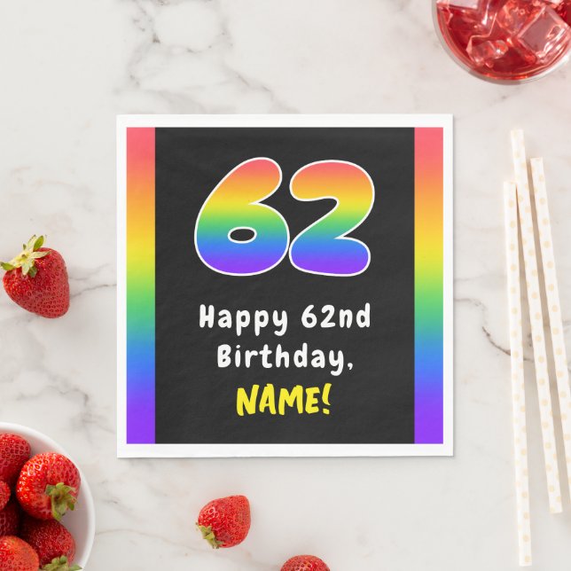 62nd Birthday: Rainbow Spectrum # 62, Custom Name Napkins (Insitu)