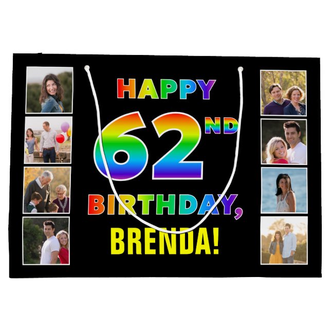 62nd Birthday: Rainbow Text, Custom Photos & Name Large Gift Bag (Back)