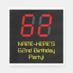 [ Thumbnail: 62nd Birthday: Red Digital Clock Style "62" + Name Napkins ]