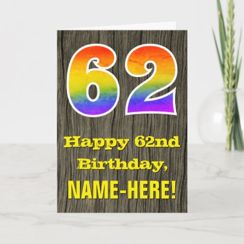 62nd Birthday Rustic Faux Wood Look Rainbow 62 Card