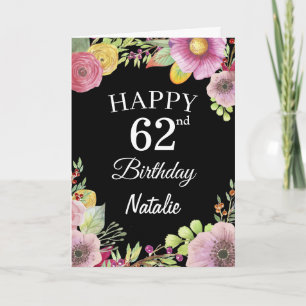 62nd Birthday Watercolor Floral Flowers Black Card