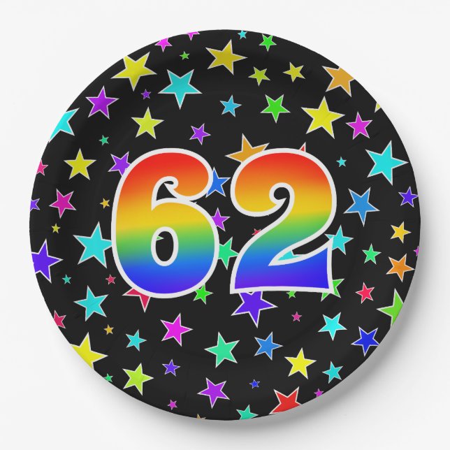 62nd Event: Bold, Fun, Colorful Rainbow 62 Paper Plates (Front)