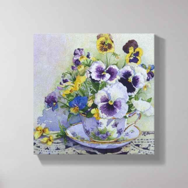 6300 Pansies in Teacup Wrapped Canvas Print (Front)