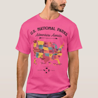 63 National Parks Map Us Park Retro Vintage Campin T-Shirt