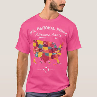 63 National Parks Map Us Park Retro Vintage Campin T-Shirt