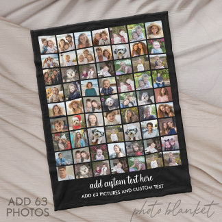 63 Photo Collage Grid - Custom Text - Black Fleece Blanket
