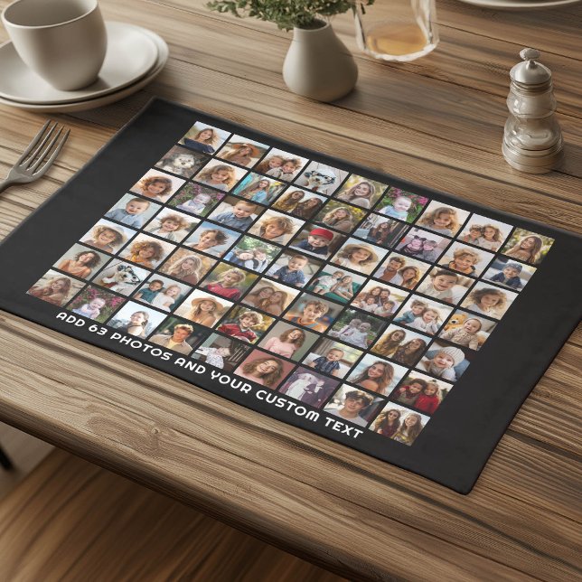 63 Square Photo Collage Grid with Text - black Cloth Placemat (Photo Collage Cloth Placemat)