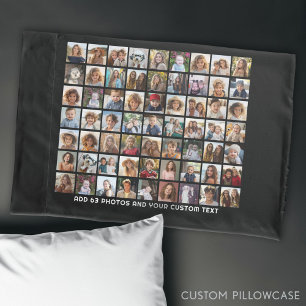 63 Square Photo Collage Grid with Text - black Pillow Case