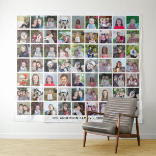 63 Square Photo Collage Grid with Text - white Tapestry