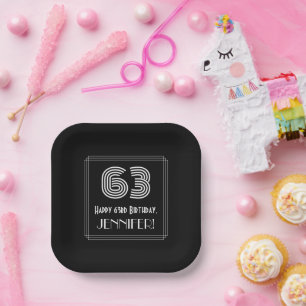 63rd Birthday — Art Deco Inspired Look “63” + Name Paper Plates
