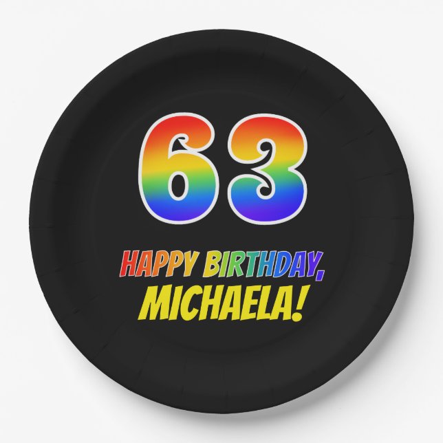 63rd Birthday: Bold, Fun, Simple, Rainbow 63 Paper Plates (Front)