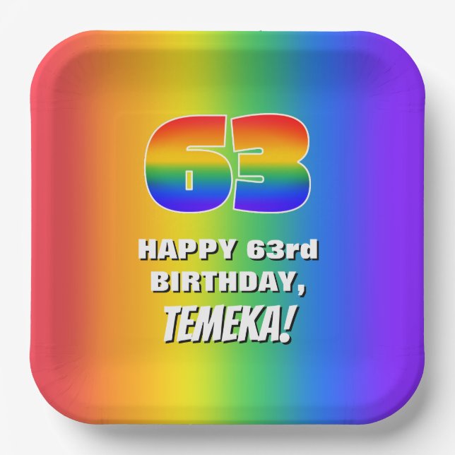 63rd Birthday: Colorful, Fun Rainbow Pattern # 63 Paper Plates (Front)
