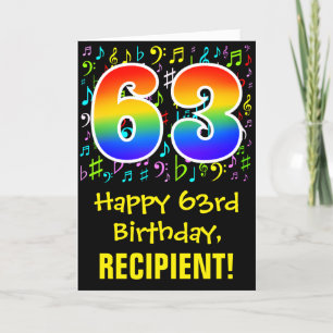 63rd Birthday: Colorful Music Symbols + Rainbow 63 Card