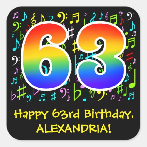 63rd Birthday Colorful Music Symbols Rainbow 63 Square Sticker