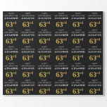 [ Thumbnail: 63rd Birthday: Elegant, Black, Faux Gold Look Wrapping Paper ]