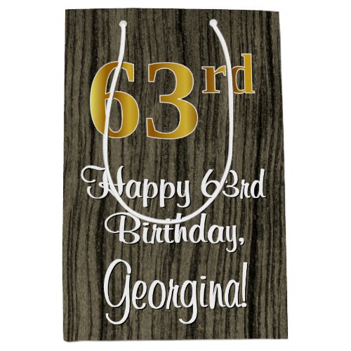 63rd Birthday Elegant Faux Gold Look  Faux Wood Medium Gift Bag