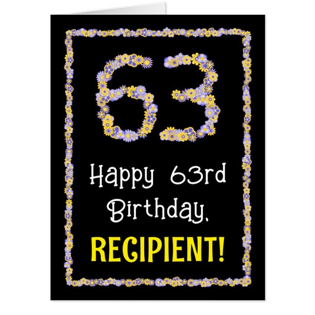 63rd Birthday: Floral Flowers Number “63” + Name Card (Front)