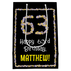 63rd Birthday: Floral Flowers Number, Custom Name Medium Gift Bag