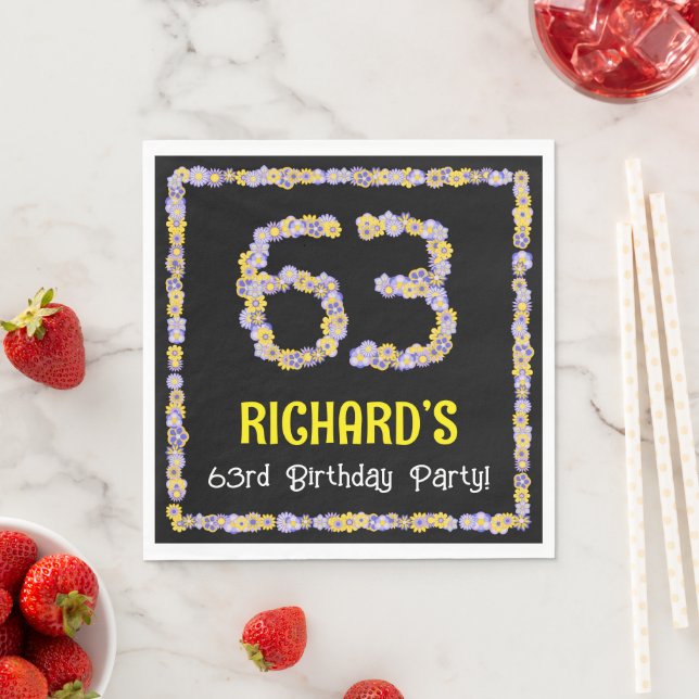 63rd Birthday: Floral Flowers Number, Custom Name Napkins (Insitu)