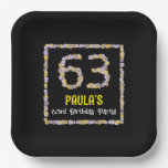 [ Thumbnail: 63rd Birthday: Floral Flowers Number, Custom Name Paper Plates ]