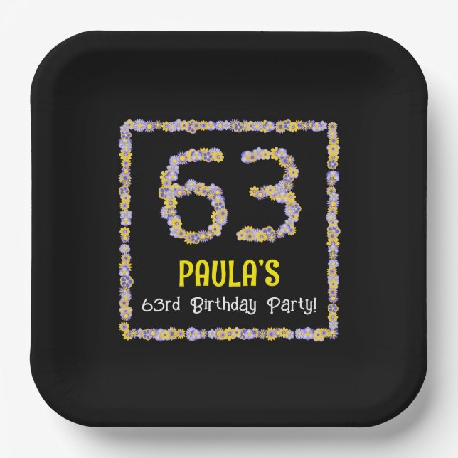 63rd Birthday: Floral Flowers Number, Custom Name Paper Plates (Front)