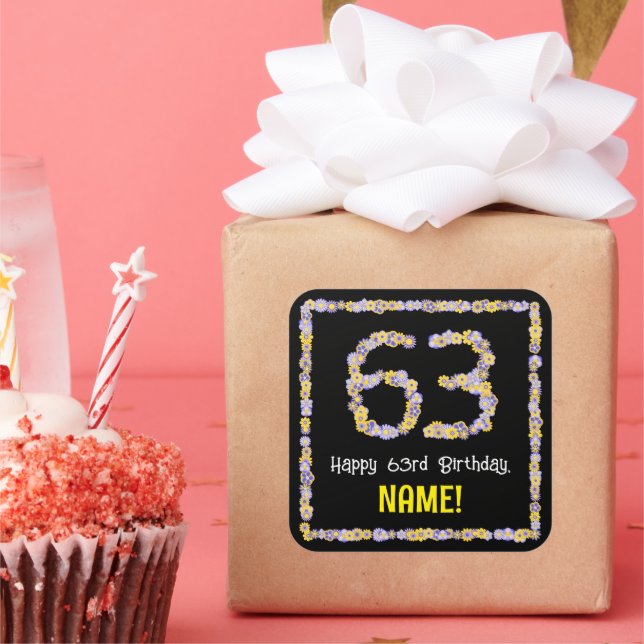 63rd Birthday: Floral Flowers Number, Custom Name Square Sticker (Party)